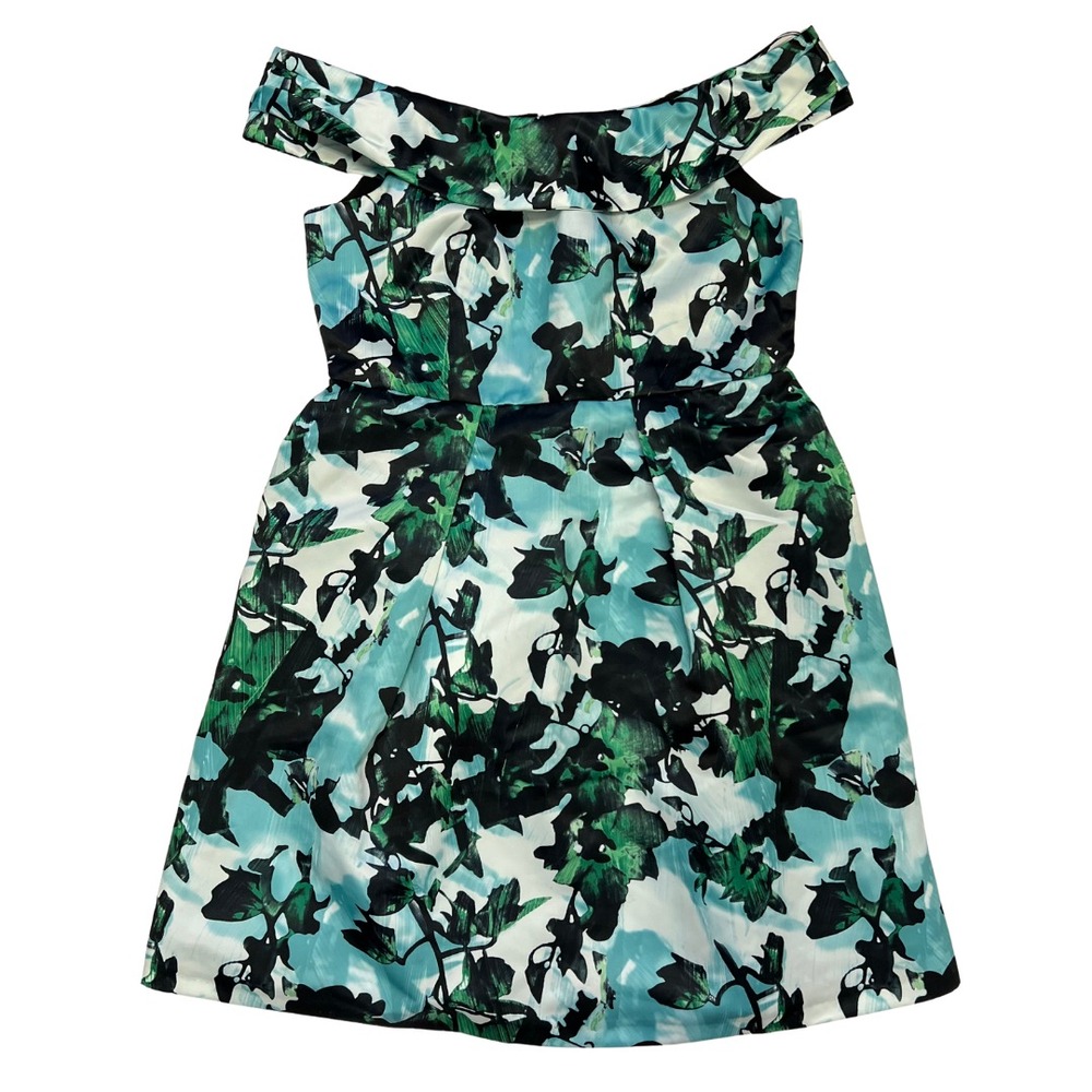 One-Shoulder Floral A-Line Dress in Teal and Black